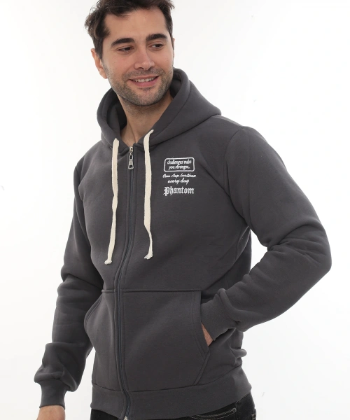Erkek Füme Standart Fit Normal Kesim Içi Polarlı Tam Fermuarlı Kapüşonlu Pamuklu Sweatshirt
