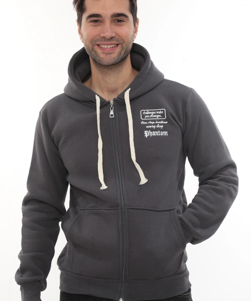 Erkek Füme Standart Fit Normal Kesim Içi Polarlı Tam Fermuarlı Kapüşonlu Pamuklu Sweatshirt