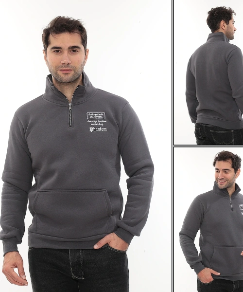 Erkek Füme Standart Fit Normal Kesim Içi Polarlı Yarım Fermuarlı Dik Bato Yaka Pamuklu Sweatshirt