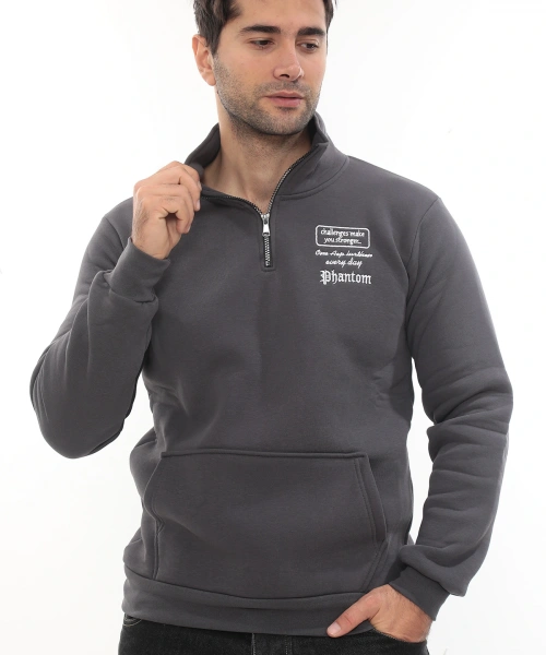 Erkek Füme Standart Fit Normal Kesim Içi Polarlı Yarım Fermuarlı Dik Bato Yaka Pamuklu Sweatshirt