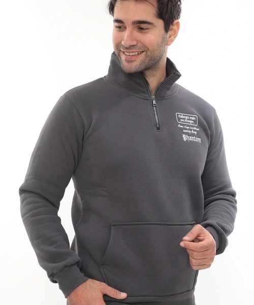 Erkek Füme Standart Fit Normal Kesim Içi Polarlı Yarım Fermuarlı Dik Bato Yaka Pamuklu Sweatshirt