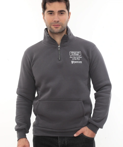 Erkek Füme Standart Fit Normal Kesim Içi Polarlı Yarım Fermuarlı Dik Bato Yaka Pamuklu Sweatshirt