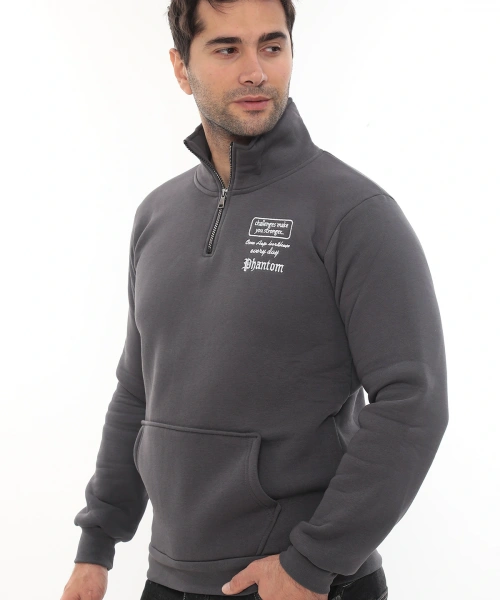 Erkek Füme Standart Fit Normal Kesim Içi Polarlı Yarım Fermuarlı Dik Bato Yaka Pamuklu Sweatshirt