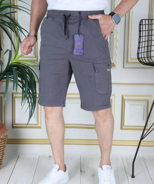 Erkek Gri Likralı Gabardin Şort Kargo Cepli Pamuklu Beli Lastikli Bağcıklı Basic Şort