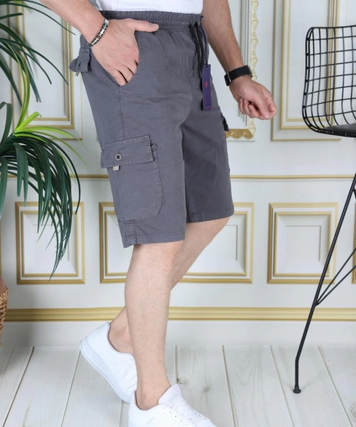 Erkek Gri Likralı Gabardin Şort Kargo Cepli Pamuklu Beli Lastikli Bağcıklı Basic Şort