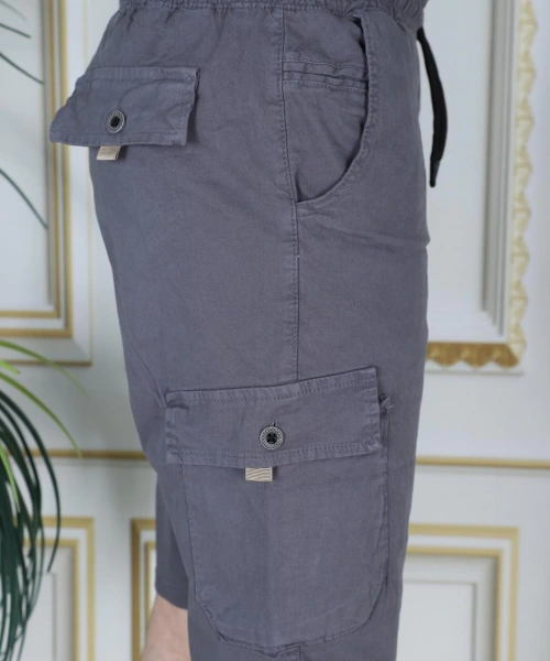 Erkek Gri Likralı Gabardin Şort Kargo Cepli Pamuklu Beli Lastikli Bağcıklı Basic Şort