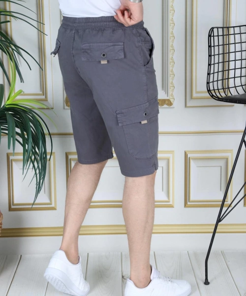 Erkek Gri Likralı Gabardin Şort Kargo Cepli Pamuklu Beli Lastikli Bağcıklı Basic Şort