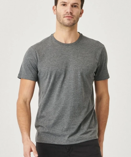 Erkek Gri Likralı Şık Pamuklu Slim Fit Dar Kesim Bisiklet Yaka Basic Tişört