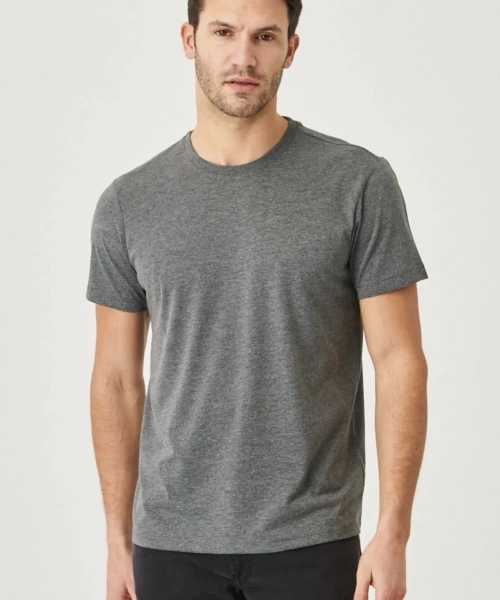 Erkek Gri Likralı Şık Pamuklu Slim Fit Dar Kesim Bisiklet Yaka Basic Tişört