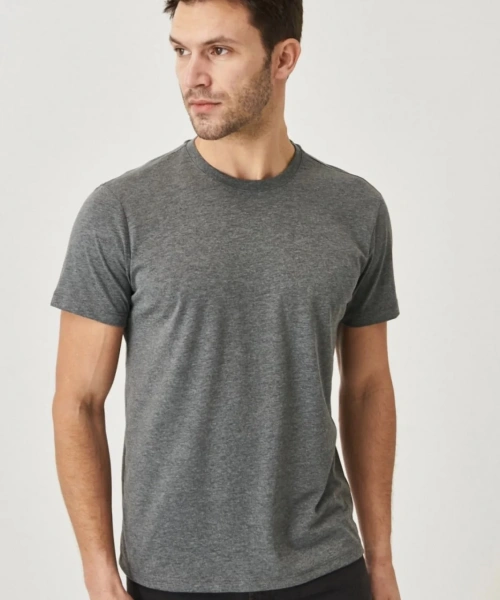 Erkek Gri Likralı Şık Pamuklu Slim Fit Dar Kesim Bisiklet Yaka Basic Tişört