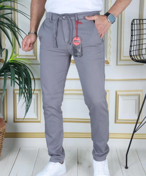 Erkek Gri Slim Fit Esnek Likralı Armürlü Keten Pantolon Bağcıklı Kemerli Beli Lastikli Şık Pantolon
