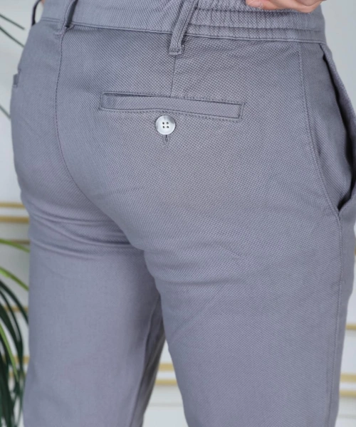 Erkek Gri Slim Fit Esnek Likralı Armürlü Keten Pantolon Bağcıklı Kemerli Beli Lastikli Şık Pantolon