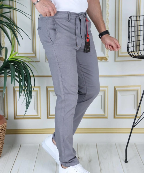 Erkek Gri Slim Fit Esnek Likralı Armürlü Keten Pantolon Bağcıklı Kemerli Beli Lastikli Şık Pantolon