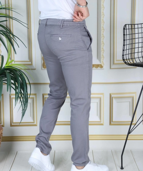 Erkek Gri Slim Fit Esnek Likralı Armürlü Keten Pantolon Bağcıklı Kemerli Beli Lastikli Şık Pantolon