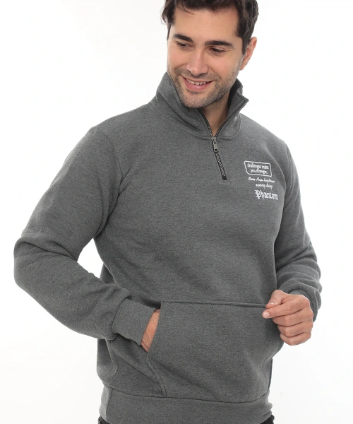 Erkek Gri Standart Fit Normal Kesim Içi Polarlı Yarım Fermuarlı Dik Bato Yaka Pamuklu Sweatshirt