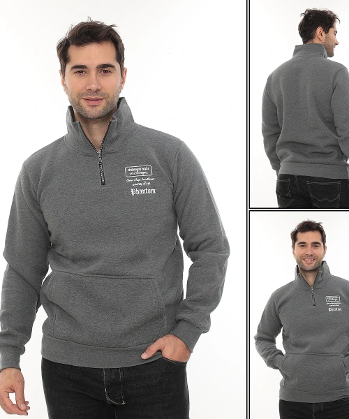 Erkek Gri Standart Fit Normal Kesim Içi Polarlı Yarım Fermuarlı Dik Bato Yaka Pamuklu Sweatshirt