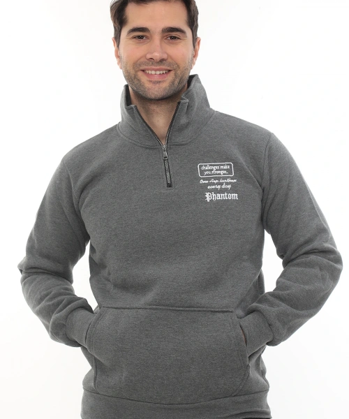 Erkek Gri Standart Fit Normal Kesim Içi Polarlı Yarım Fermuarlı Dik Bato Yaka Pamuklu Sweatshirt