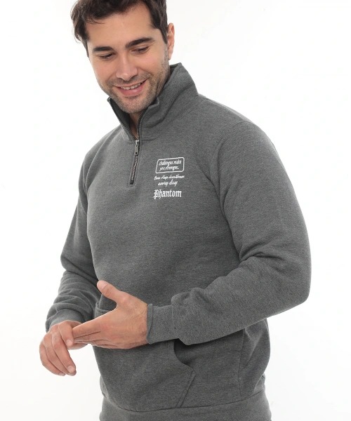 Erkek Gri Standart Fit Normal Kesim Içi Polarlı Yarım Fermuarlı Dik Bato Yaka Pamuklu Sweatshirt