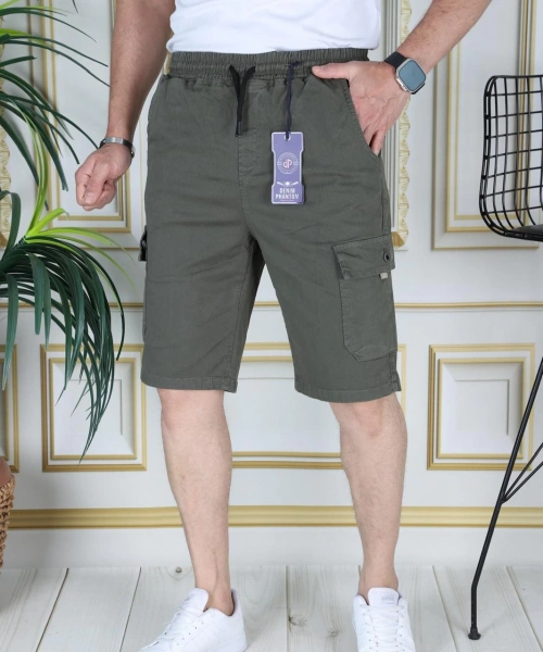 Erkek Haki Likralı Gabardin Şort Kargo Cepli Pamuklu Beli Lastikli Bağcıklı Basic Şort