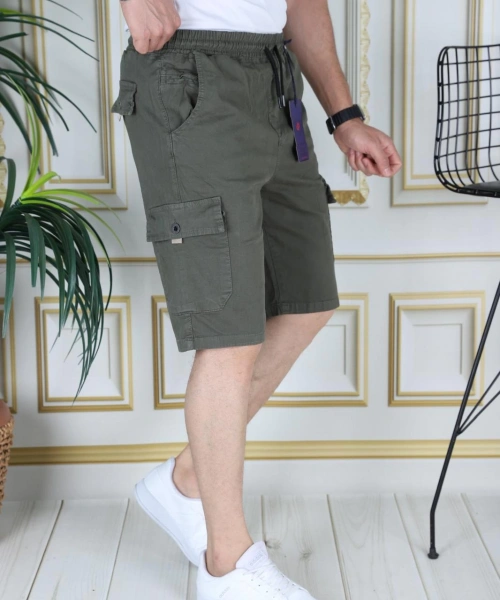 Erkek Haki Likralı Gabardin Şort Kargo Cepli Pamuklu Beli Lastikli Bağcıklı Basic Şort