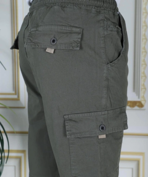 Erkek Haki Likralı Gabardin Şort Kargo Cepli Pamuklu Beli Lastikli Bağcıklı Basic Şort