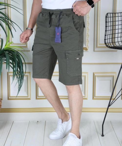 Erkek Haki Likralı Gabardin Şort Kargo Cepli Pamuklu Beli Lastikli Bağcıklı Basic Şort