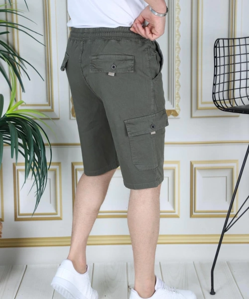 Erkek Haki Likralı Gabardin Şort Kargo Cepli Pamuklu Beli Lastikli Bağcıklı Basic Şort