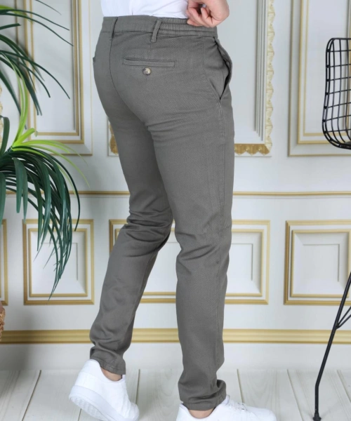 Erkek Haki Slim Fit Esnek Likralı Armürlü Keten Pantolon Bağcıklı Kemerli Beli Lastikli Şık Pantolon