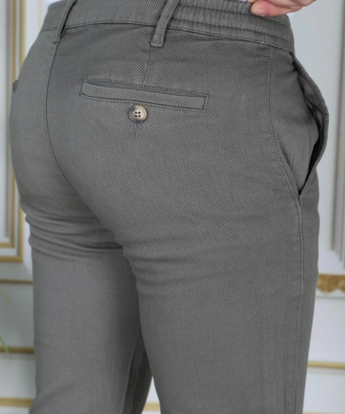 Erkek Haki Slim Fit Esnek Likralı Armürlü Keten Pantolon Bağcıklı Kemerli Beli Lastikli Şık Pantolon