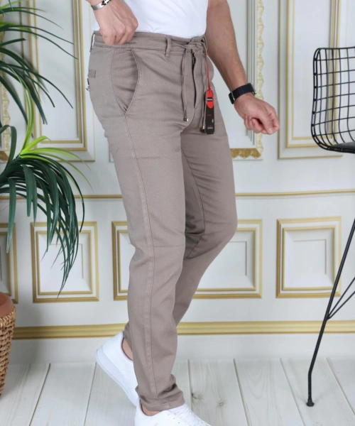 Erkek Kahve Slim Fit Esnek Likralı Armürlü Keten Pantolon Bağcıklı Kemerli Beli Lastikli Şık Pantolon