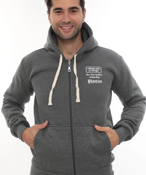 Erkek Koyu Gri Standart Fit Normal Kesim Içi Polarlı Tam Fermuarlı Kapüşonlu Pamuklu Sweatshirt