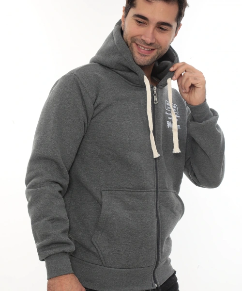 Erkek Koyu Gri Standart Fit Normal Kesim Içi Polarlı Tam Fermuarlı Kapüşonlu Pamuklu Sweatshirt