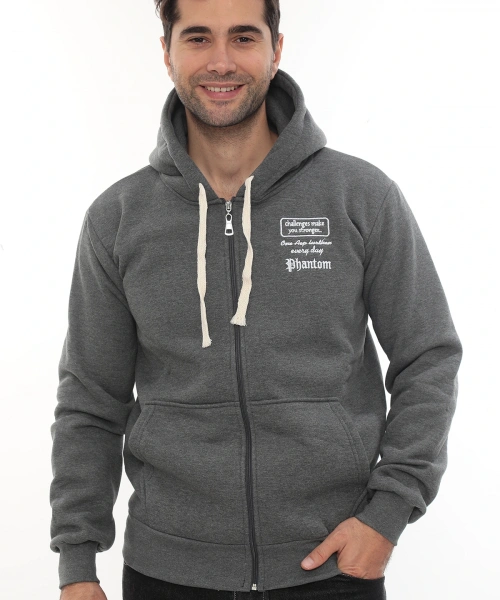 Erkek Koyu Gri Standart Fit Normal Kesim Içi Polarlı Tam Fermuarlı Kapüşonlu Pamuklu Sweatshirt