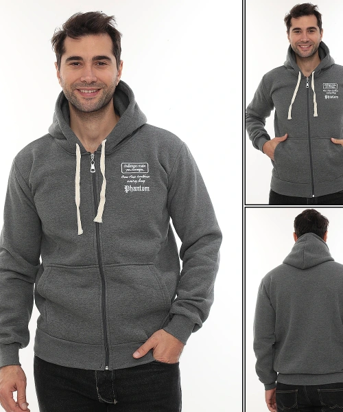 Erkek Koyu Gri Standart Fit Normal Kesim Içi Polarlı Tam Fermuarlı Kapüşonlu Pamuklu Sweatshirt