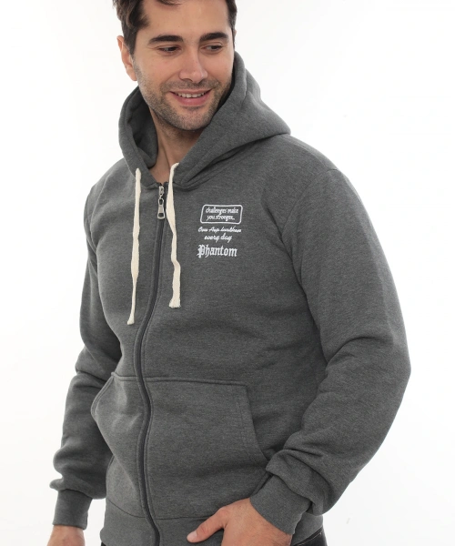 Erkek Koyu Gri Standart Fit Normal Kesim Içi Polarlı Tam Fermuarlı Kapüşonlu Pamuklu Sweatshirt