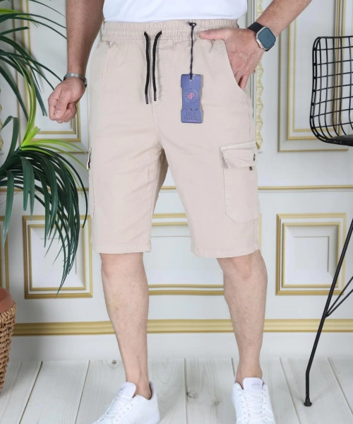 Erkek Krem Likralı Gabardin Şort Kargo Cepli Pamuklu Beli Lastikli Bağcıklı Basic Şort