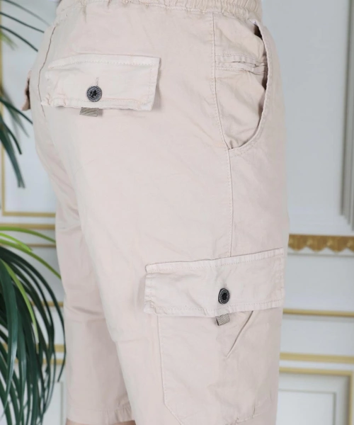 Erkek Krem Likralı Gabardin Şort Kargo Cepli Pamuklu Beli Lastikli Bağcıklı Basic Şort