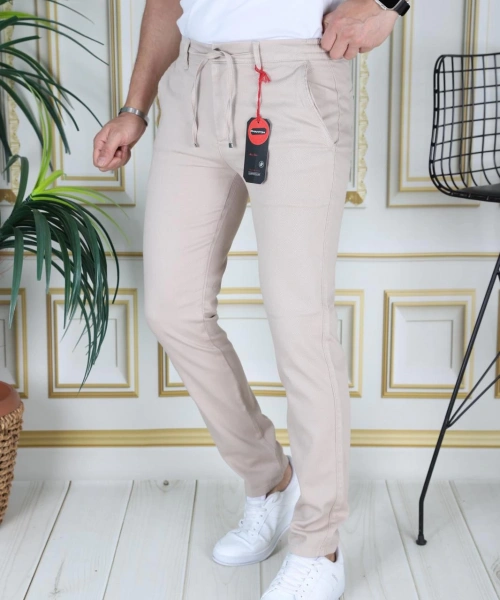 Erkek Krem Slim Fit Esnek Likralı Armürlü Keten Pantolon Bağcıklı Kemerli Beli Lastikli Şık Pantolon