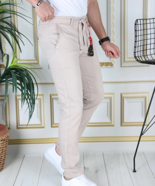 Erkek Krem Slim Fit Esnek Likralı Armürlü Keten Pantolon Bağcıklı Kemerli Beli Lastikli Şık Pantolon