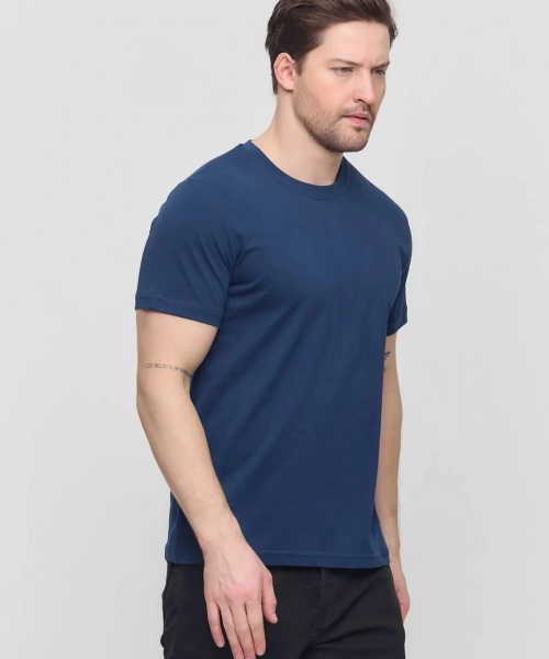 Erkek Lacivert Likralı Şık Pamuklu Slim Fit Dar Kesim Bisiklet Yaka Basic Tişört
