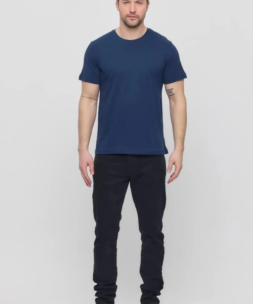 Erkek Lacivert Likralı Şık Pamuklu Slim Fit Dar Kesim Bisiklet Yaka Basic Tişört