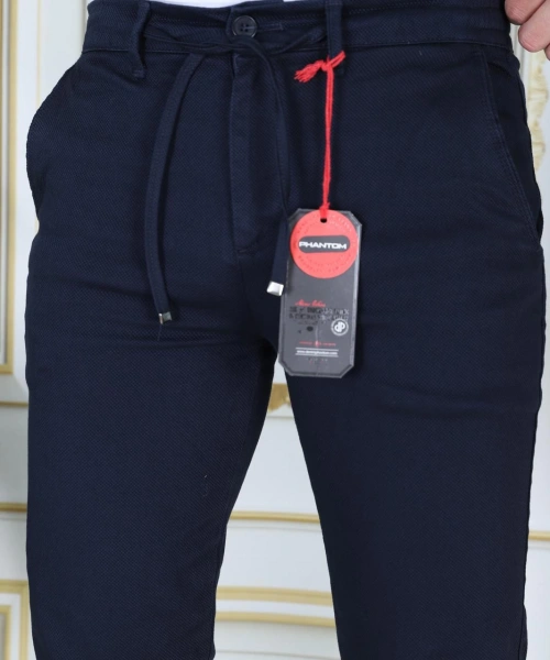 Erkek Lacivert Slim Fit Esnek Likralı Armürlü Keten Pantolon Bağcıklı Kemerli Beli Lastikli Şık Pantolon