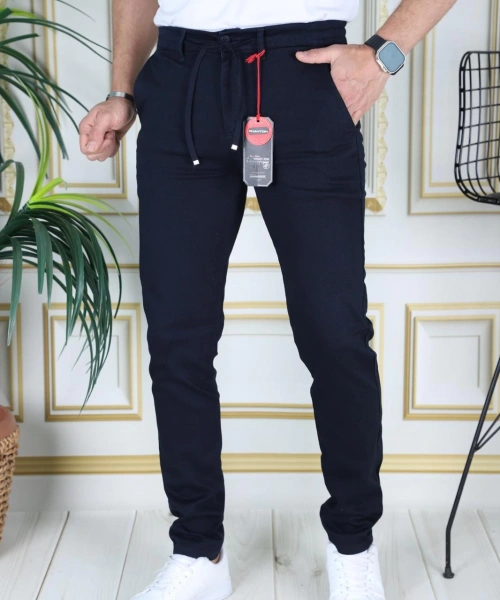 Erkek Lacivert Slim Fit Esnek Likralı Armürlü Keten Pantolon Bağcıklı Kemerli Beli Lastikli Şık Pantolon