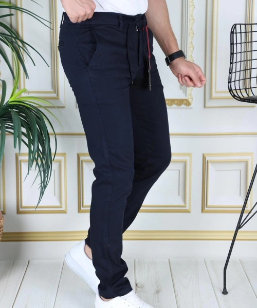 Erkek Lacivert Slim Fit Esnek Likralı Armürlü Keten Pantolon Bağcıklı Kemerli Beli Lastikli Şık Pantolon