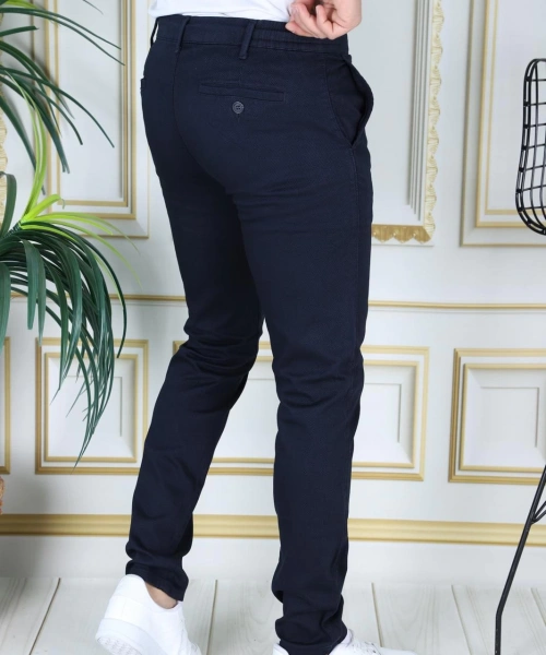 Erkek Lacivert Slim Fit Esnek Likralı Armürlü Keten Pantolon Bağcıklı Kemerli Beli Lastikli Şık Pantolon
