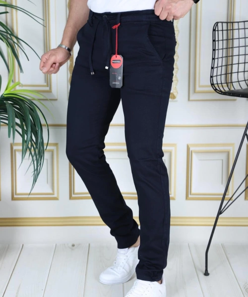 Erkek Lacivert Slim Fit Esnek Likralı Armürlü Keten Pantolon Bağcıklı Kemerli Beli Lastikli Şık Pantolon