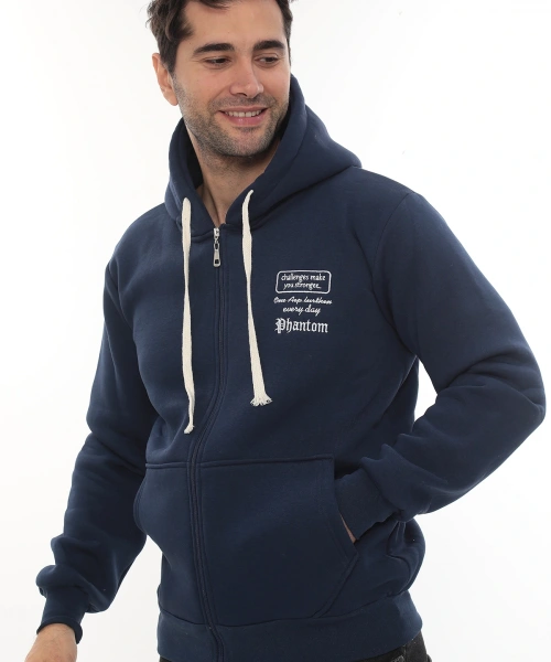 Erkek Mavi Standart Fit Normal Kesim Içi Polarlı Tam Fermuarlı Kapüşonlu Pamuklu Sweatshirt