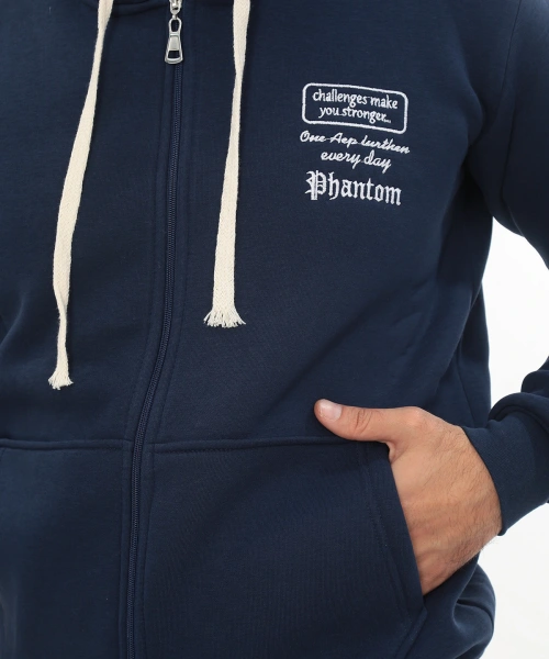 Erkek Mavi Standart Fit Normal Kesim Içi Polarlı Tam Fermuarlı Kapüşonlu Pamuklu Sweatshirt