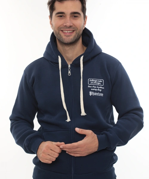 Erkek Mavi Standart Fit Normal Kesim Içi Polarlı Tam Fermuarlı Kapüşonlu Pamuklu Sweatshirt