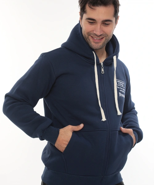 Erkek Mavi Standart Fit Normal Kesim Içi Polarlı Tam Fermuarlı Kapüşonlu Pamuklu Sweatshirt